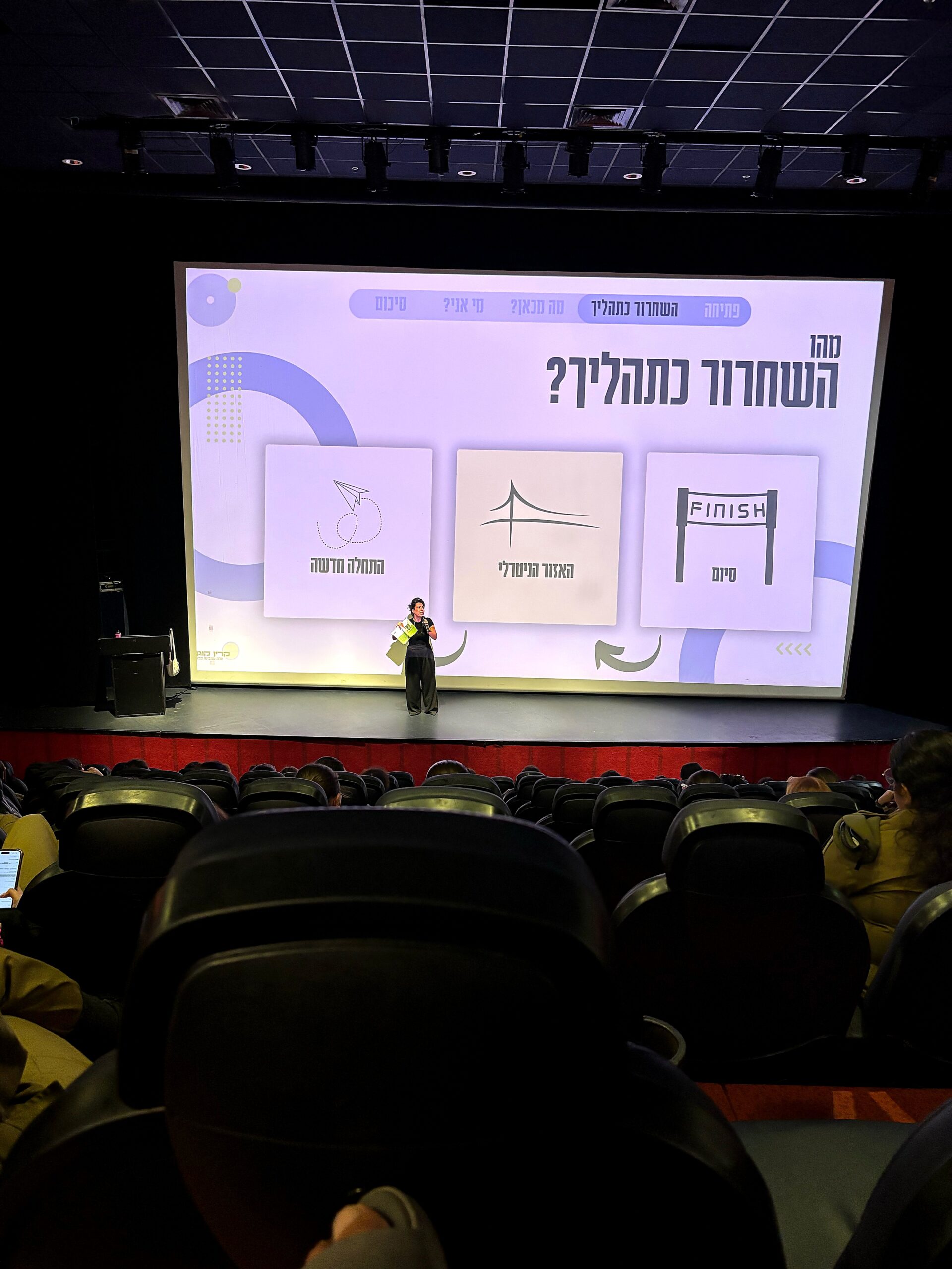 קרין קוגן מרצה מול קהל גדול